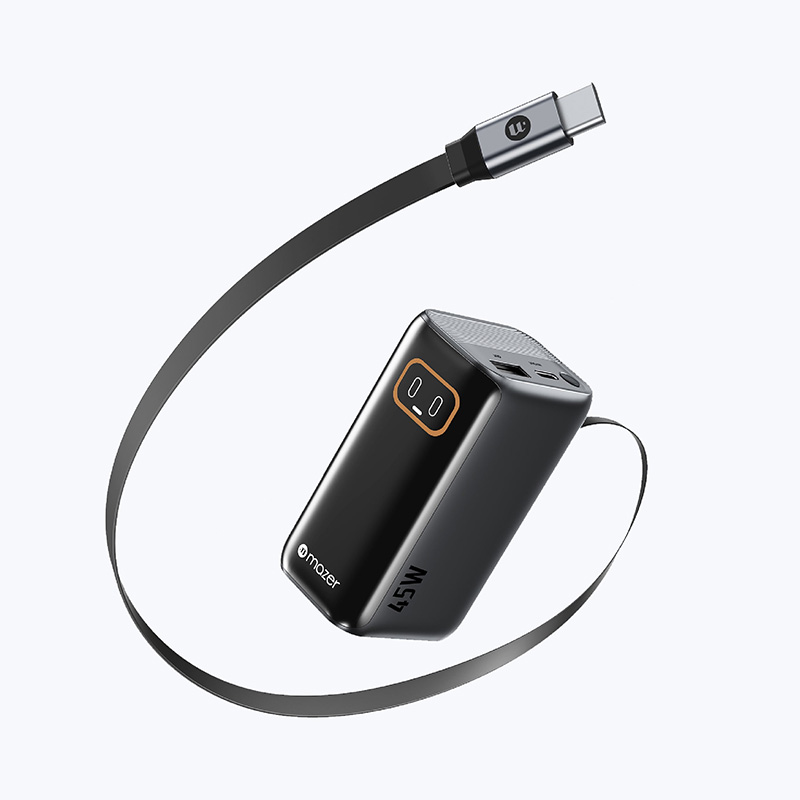 Pin Dự Phòng Kèm Cáp C MAZER PowerCharge Link R PD 45W Dung Lượng 10000mAh Dây Cáp Rút Type C Dài 70cm Chứng Nhận CCC Hàng Chính Hãng