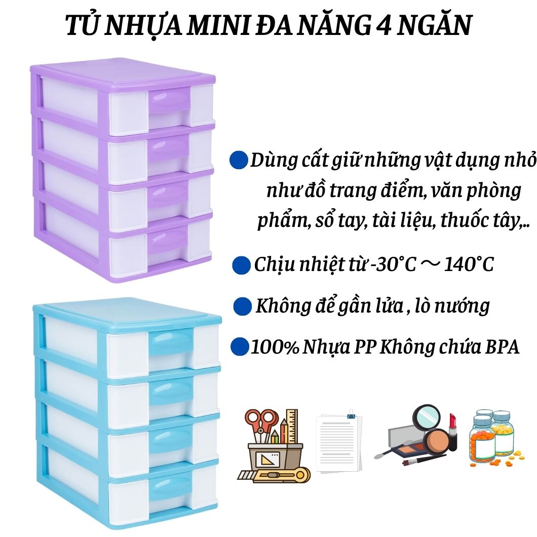 Tủ nhựa đa năng 4 ngăn đựng đồ để bàn tiện dụng tiết kiệm không gian 100% nhựa PP Đại Đồng Tiến an toàn sức khỏe