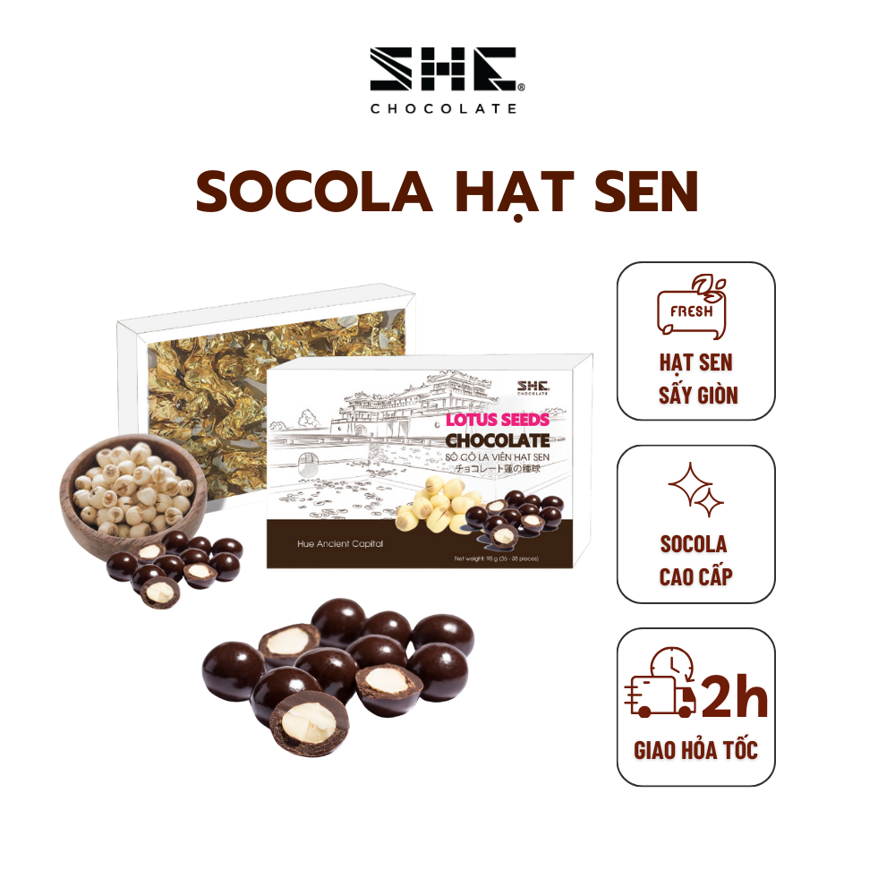 Socola hạt sen hộp 90g SHE Chocolate - Quà tặng du lịch phong cảnh Kinh thành Huế Việt Nam