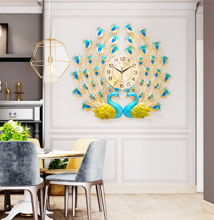 Đồng hồ treo tường trang trí decor chim công CY5 Khổng Tước xanh kích thước 65 x 65 cm