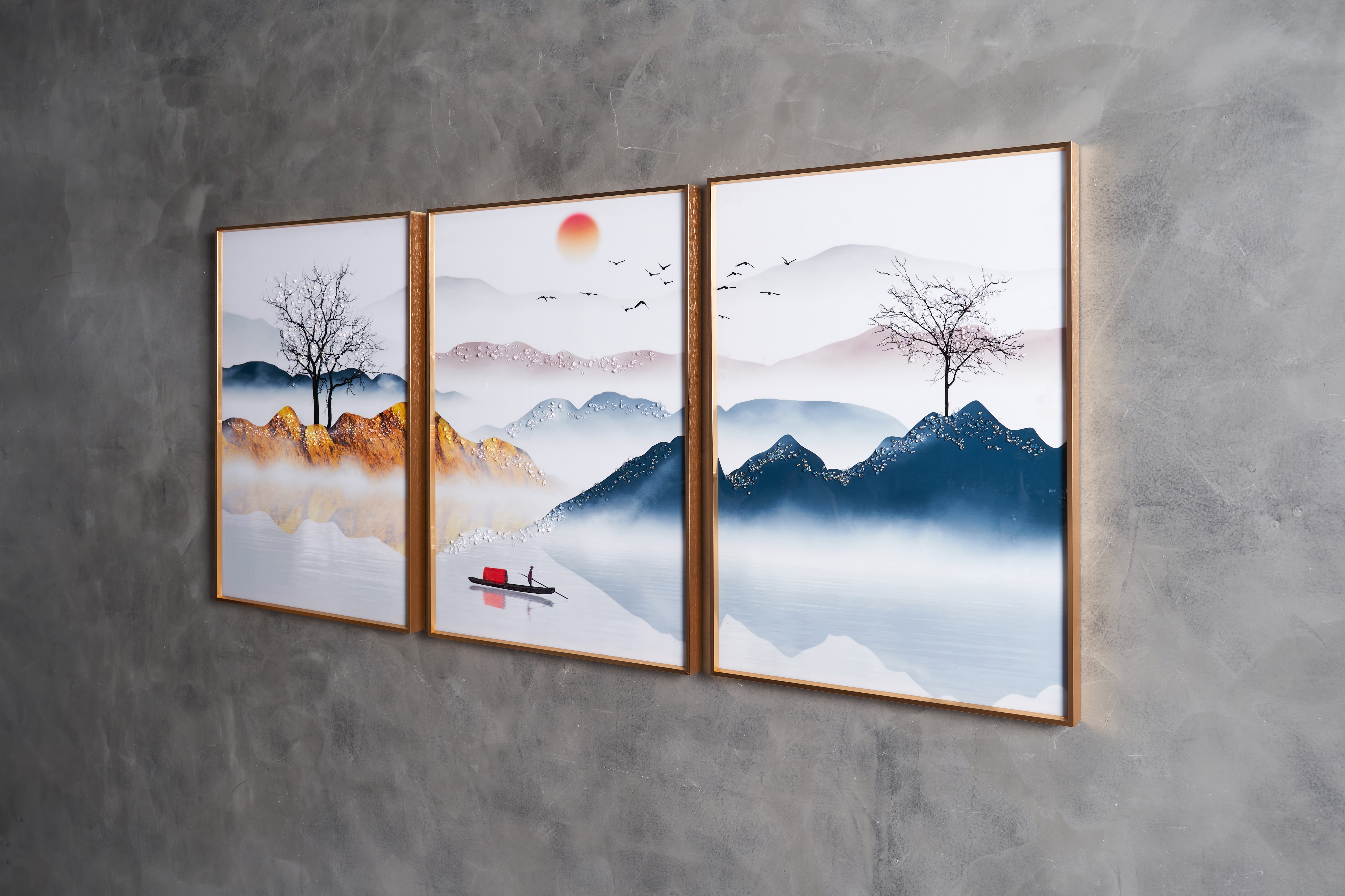 Bộ 3 tranh cây khô và mặt trời đỏ