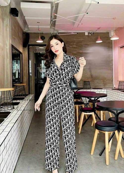 Jumpsuits Nữ Họa Tiết Cột Nơ Eo Thời Trang