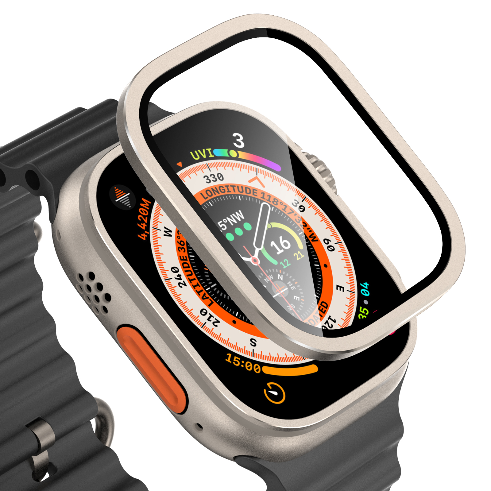 Miếng Dán Màn Hình Kính Cường Lực Tích Hợp Khung Viền Kim Loại cho Apple Watch Ultra / Apple Watch Ultra 2 49mm - Hàng Chính Hãng