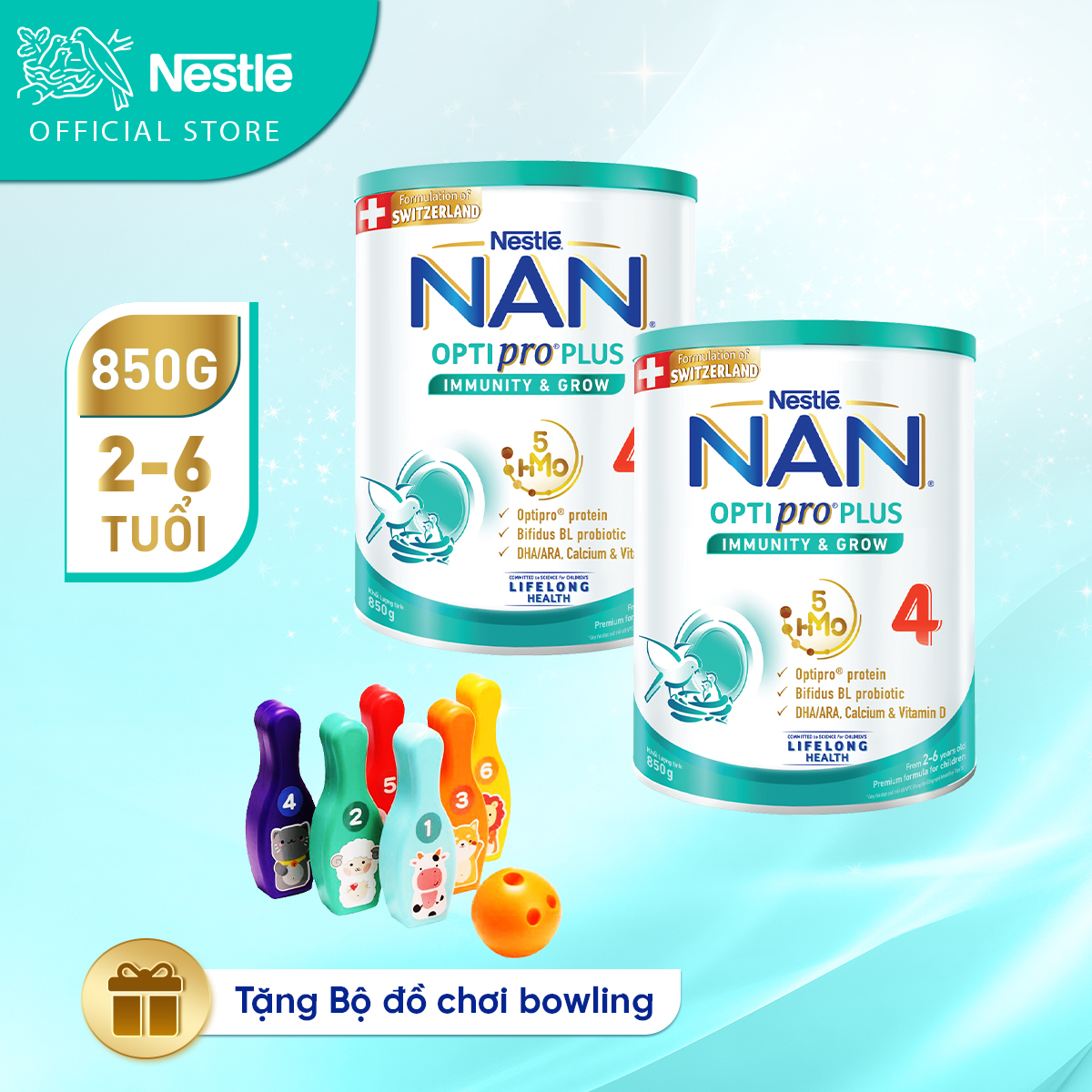 Bộ 2 lon Sữa bột Nestlé NAN OPTIPRO PLUS 4 850g/lon với 5HMO Giúp tiêu hóa tốt + Tăng cường đề kháng (2 - 6 tuổi) - Tặng Bộ đồ chơi bowling