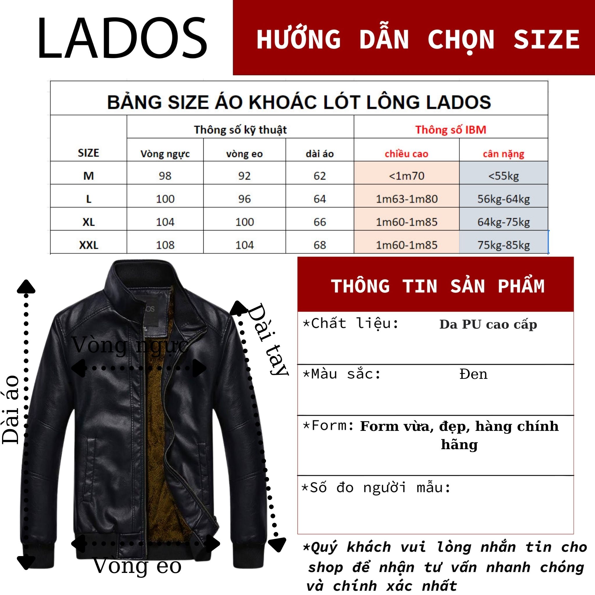 Áo khoác da lót lông cao cấp LADOS - 105 form chuẩn đẹp, chất dày mềm KHÔNG BỊ BONG TRÓC