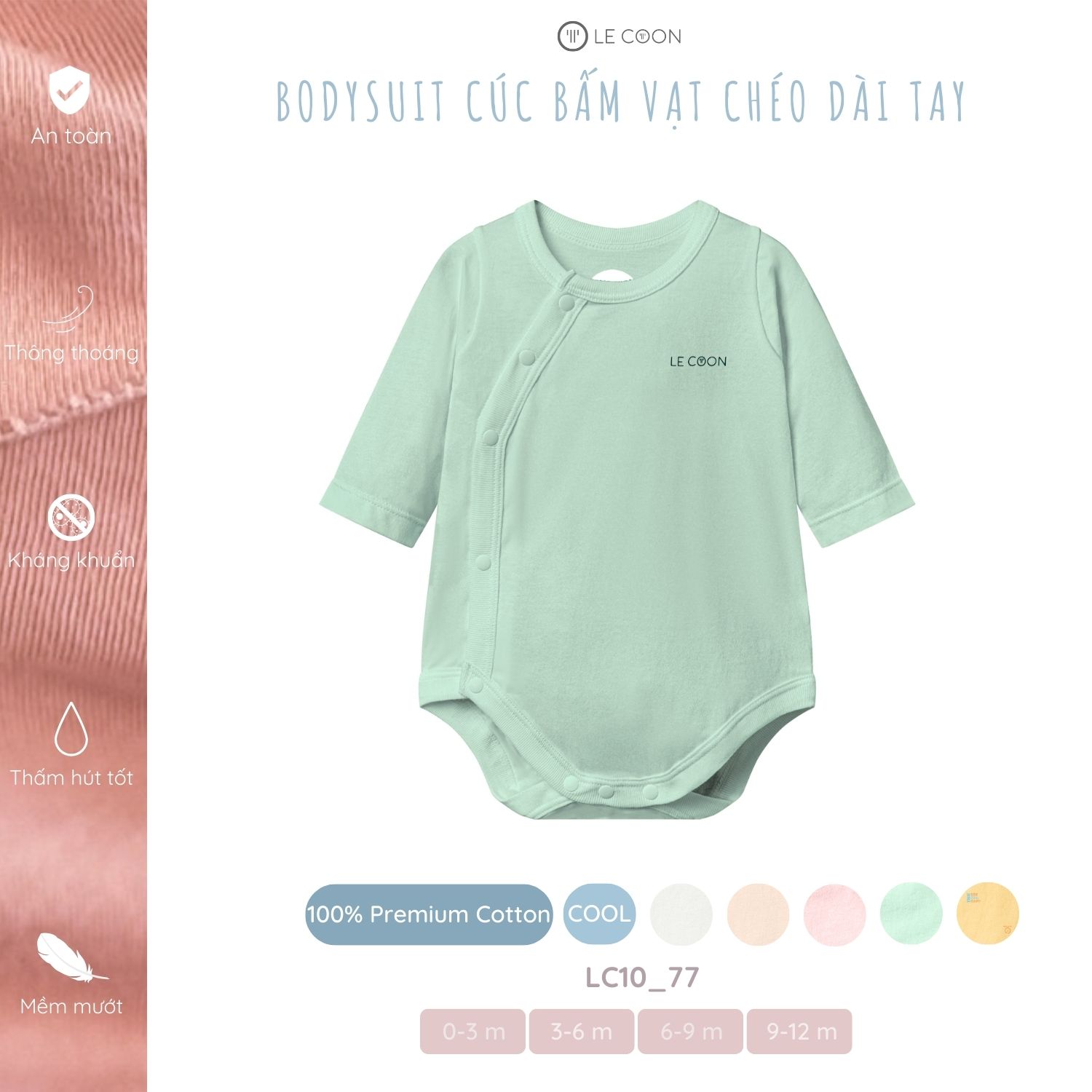 LE COON | Bộ Bodysuit cúc bấm vạt chéo dài tay | COOL | 0-12 tháng