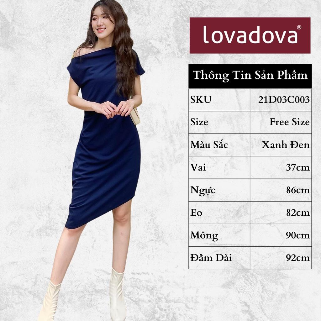 Đầm Dáng Ôm, Ngắn Tay, Cách Điệu Xẻ Vai, Xẻ Tà Chéo, Màu Xanh Đen - Lovadova 21D03C003