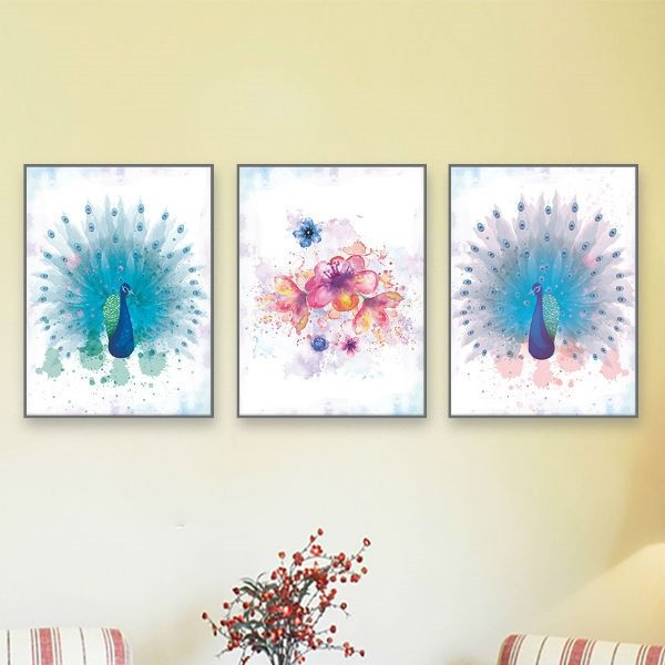 Bộ 3 Tranh Canvas Không Viền Chim Công: "Khổng Tước" W063