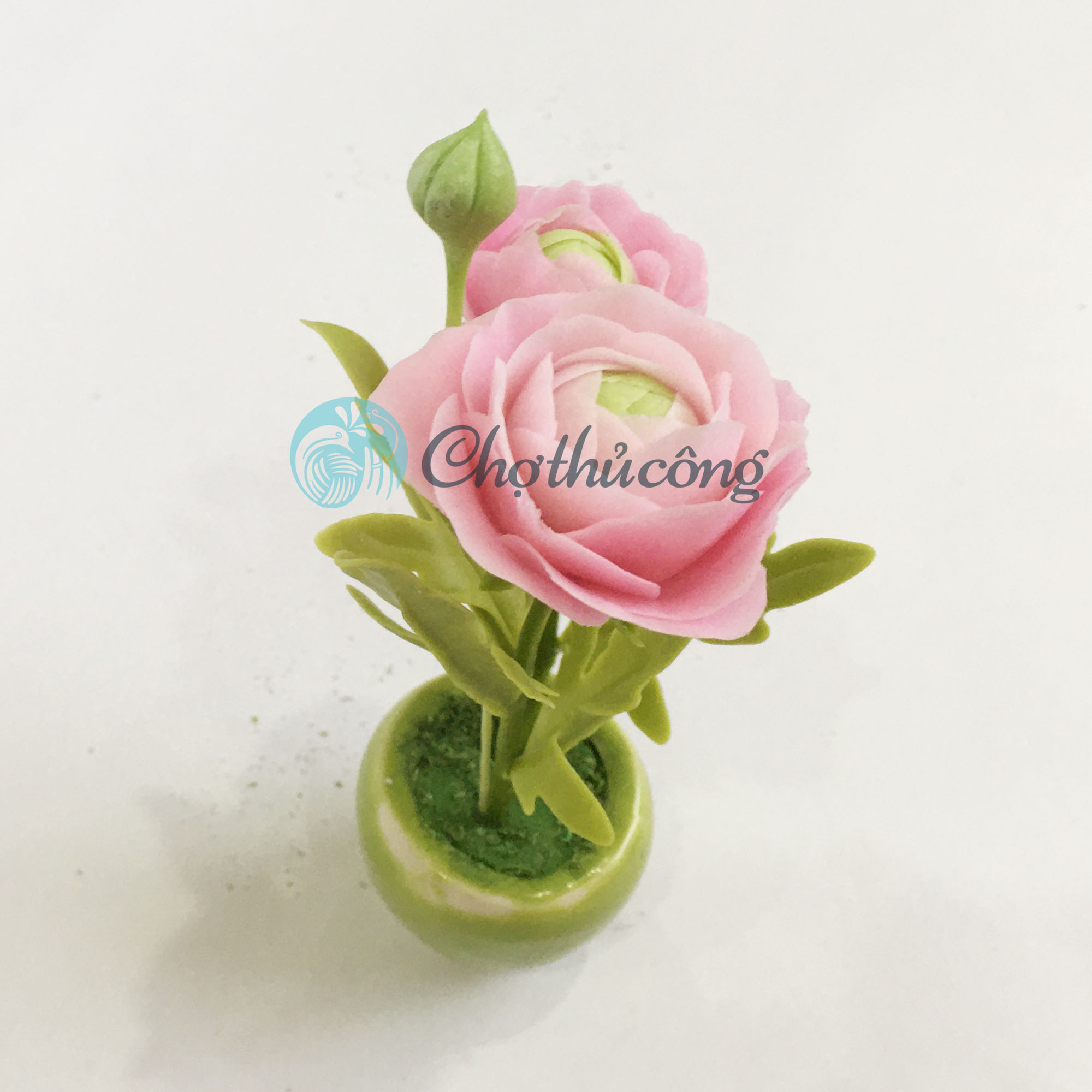 Chậu hoa đất sét mini - Cây hoa mao lương / Ranunculus - Quà tặng trang trí handmade