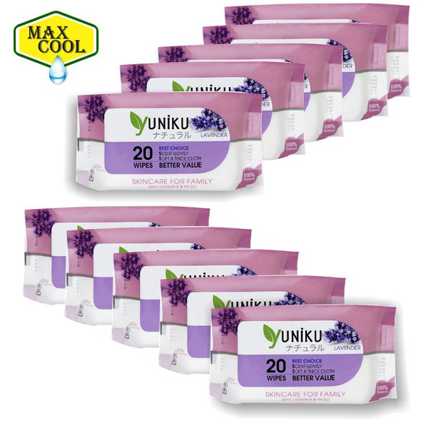 Combo 10 Gói Khăn Ướt Yuniku 20 Tờ Hương Lavender  ( 20 Tờ x 10 )