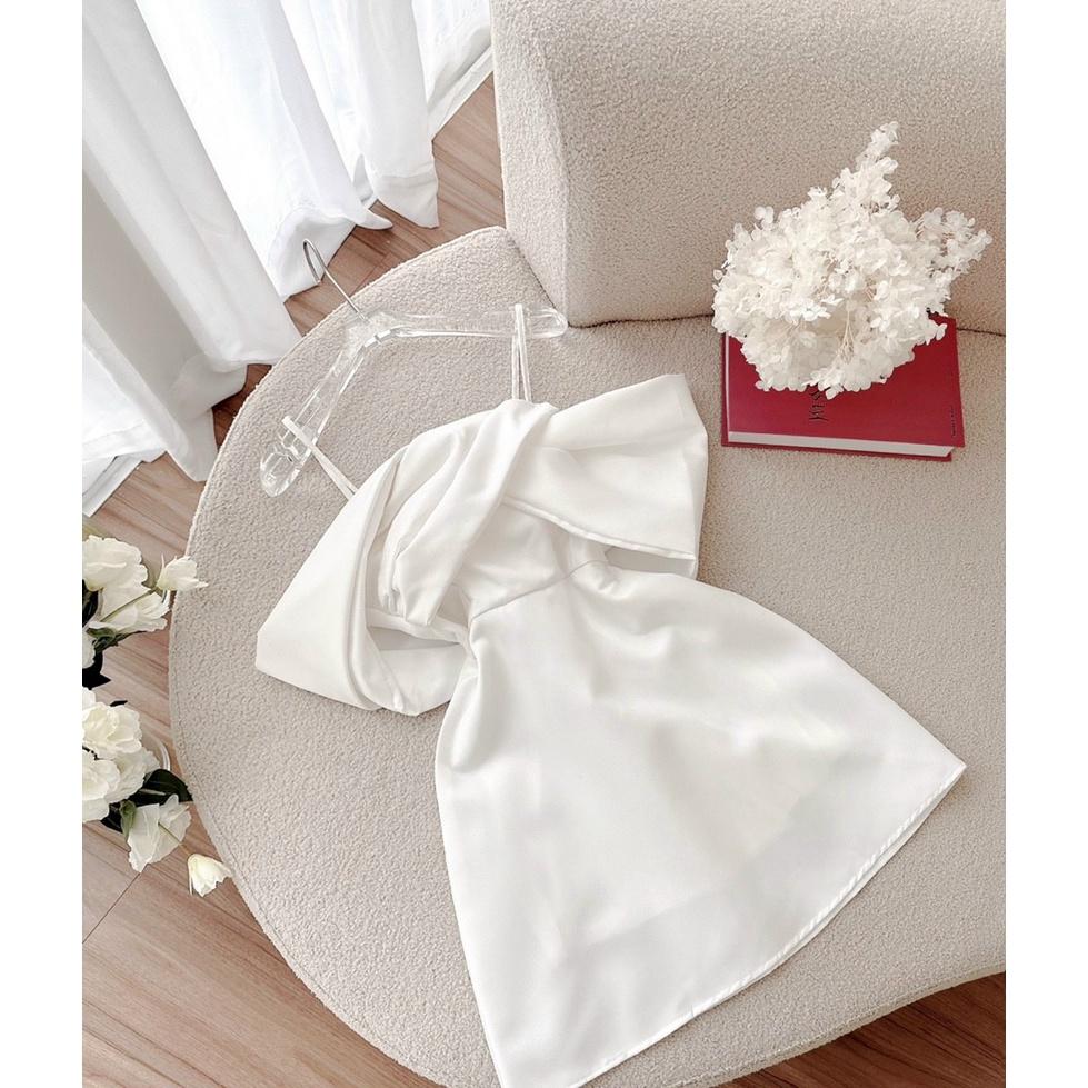 Đầm đỏ 2 dây trễ vai xoắn nơ ngực váy cưới cô dâu mẫu nina lê dự tiệc