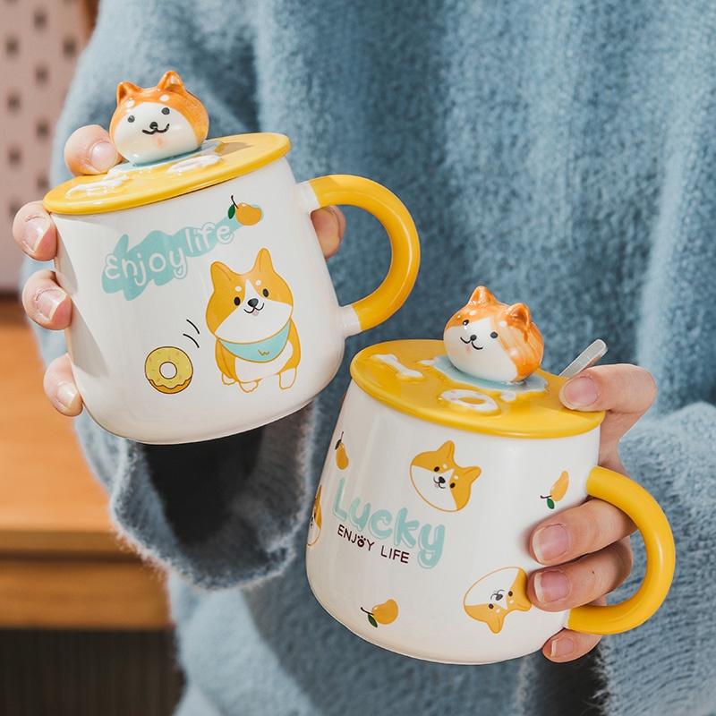 Cốc Gốm Sứ Vẽ Tay Chú Chó Corgi, Shiba Inu Cute Dễ Thương 400ml Có Nắp Và Thìa