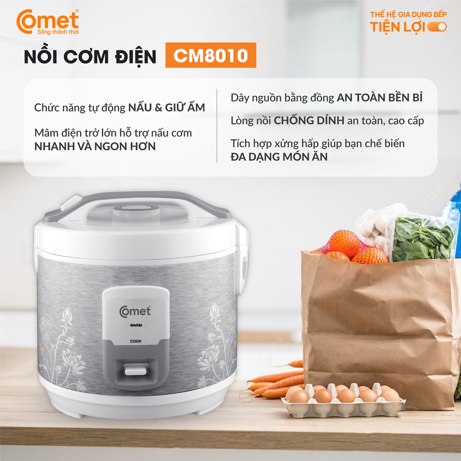 Nồi cơm điện nắp rời Comet CM8009 dung tích 1.2L – Thiết kế nhỏ gọn, mâm nhiệt rộng, dễ sử dụng – Bảo hành 12 tháng - Hàng chính hãng