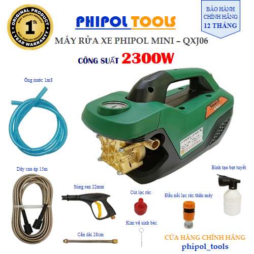 Máy rửa xe công suất 2300W PHIPOL TOOLS QXJ06.2 dây lõi đồng tặng kèm bộ phụ kiện - Hàng Chính Hãng