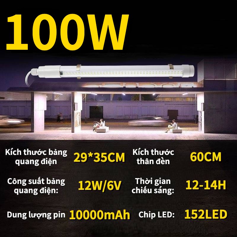 đèn năng lượng mặt trời T8 có 3 công suất 100w (60cm) 150w (90cm) 200w (120cm), chỉ số kháng nước IP67 an toàn khi sử dụng