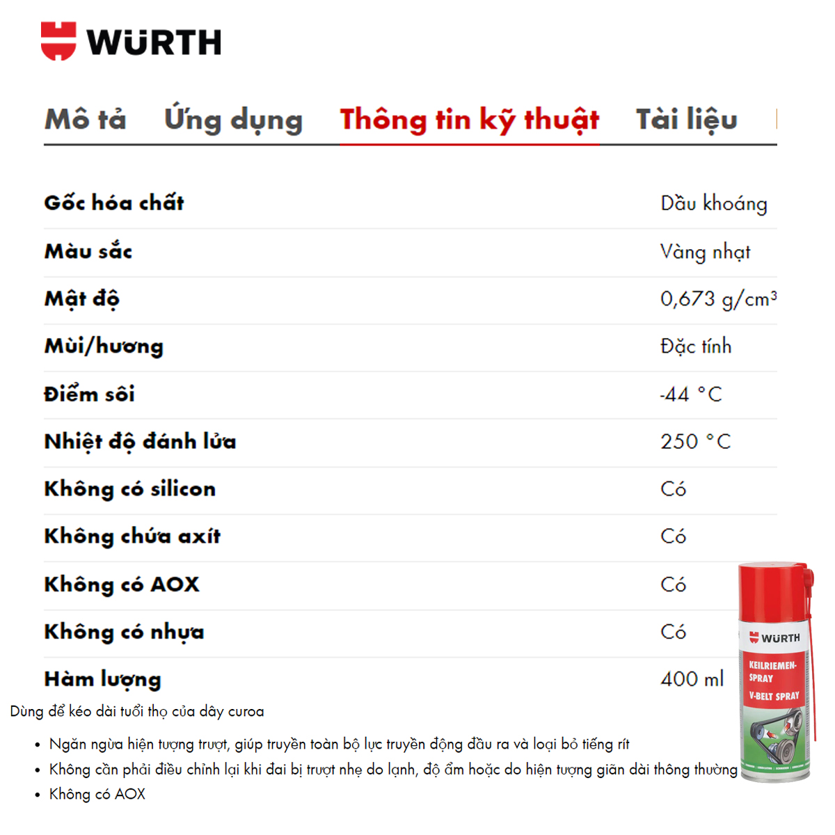 Wurth Dung Dịch Bảo Dưỡng Dây Cua Roa  Ô Tô Xe Máy 400ml
