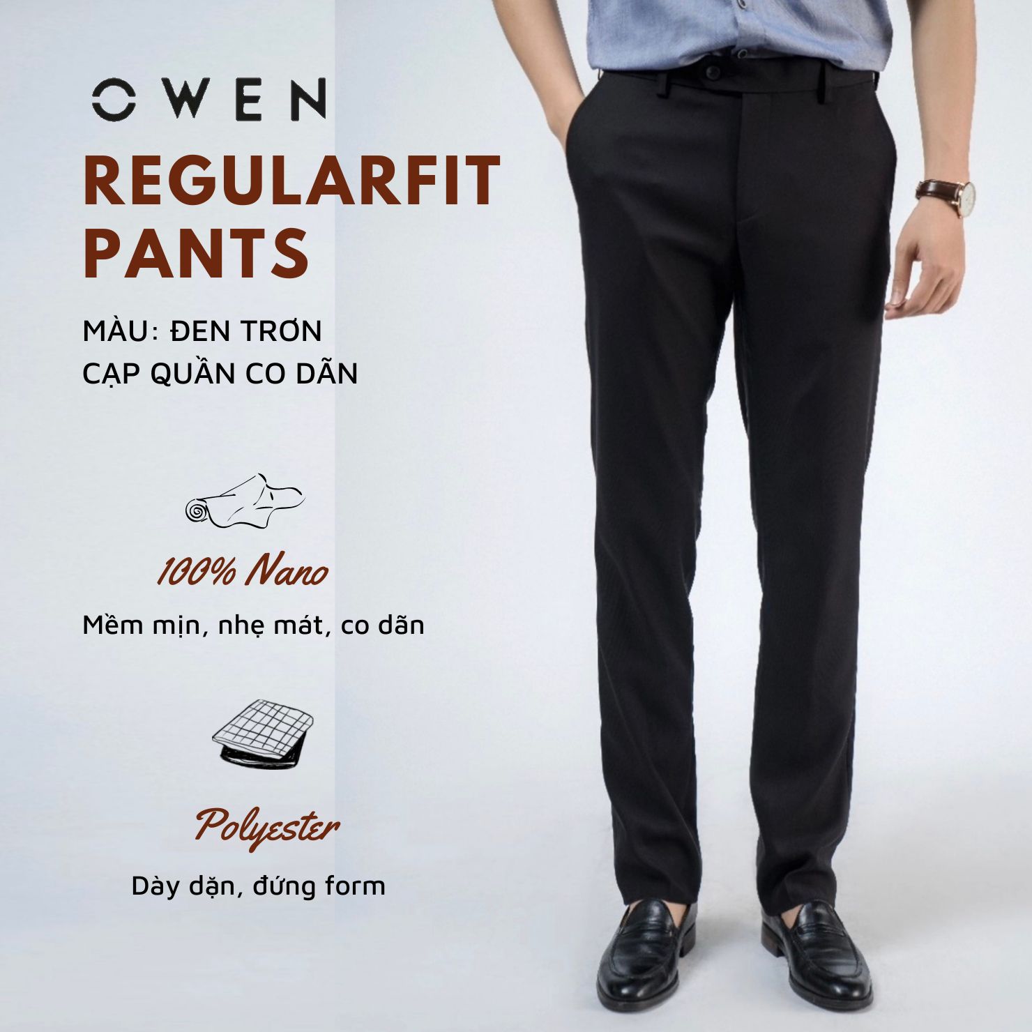 OWEN - Quần âu nam màu ĐEN dáng regular cạp tăng đơ co dãn - 100 Nano - 33