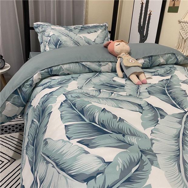 Bộ chăn ga gối Cotton poly M2T bedding, vỏ chăn , drap ga giường và 2 vỏ gối - Pl Lá chuối