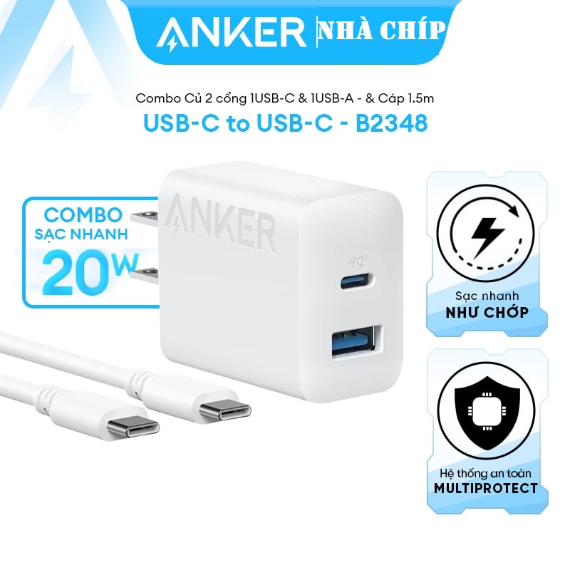 Combo Củ Sạc Nhanh 1C+1A Kèm Cáp C to C ANKER B2348 20W- Hàng Chính Hãng