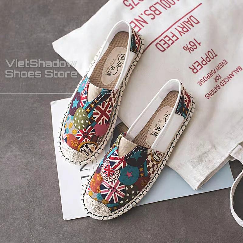 Slip on cói nữ - Giày lười vải nữ họa tiết cờ Anh Quốc - 2 màu và - Mã SP B30