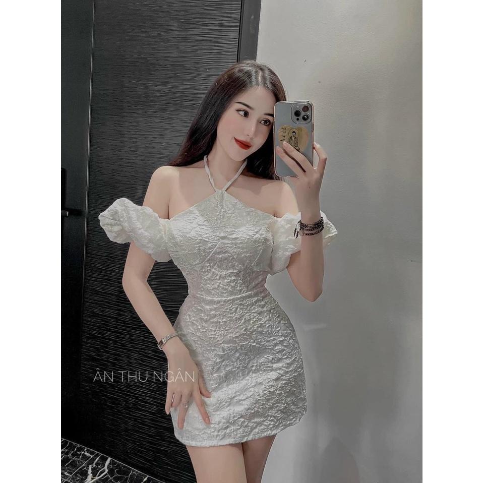 Váy đầm nữ dáng ôm cổ yếm tay bồng cực xinh xắn thích hợp mặc đi chơi đi tiệc
