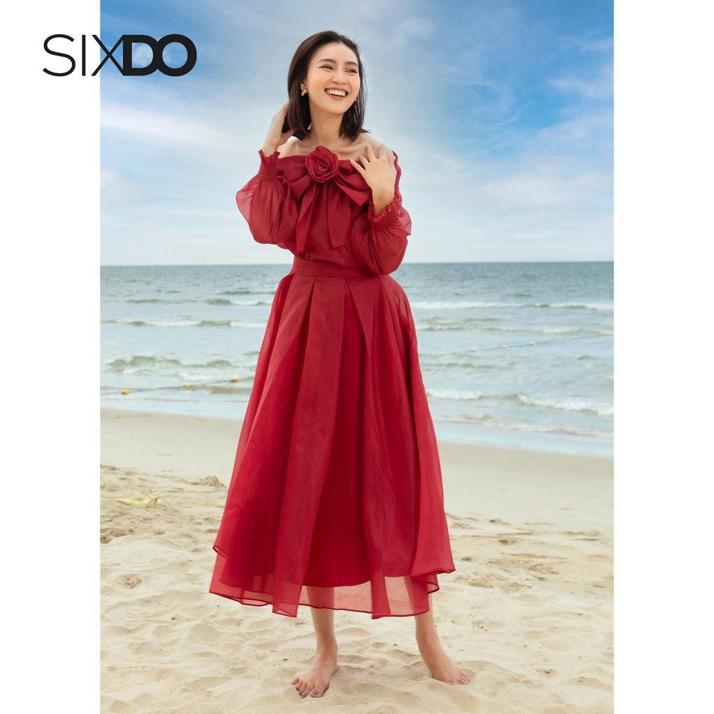 Chân váy đỏ tơ oganza xếp ly to SIXDO