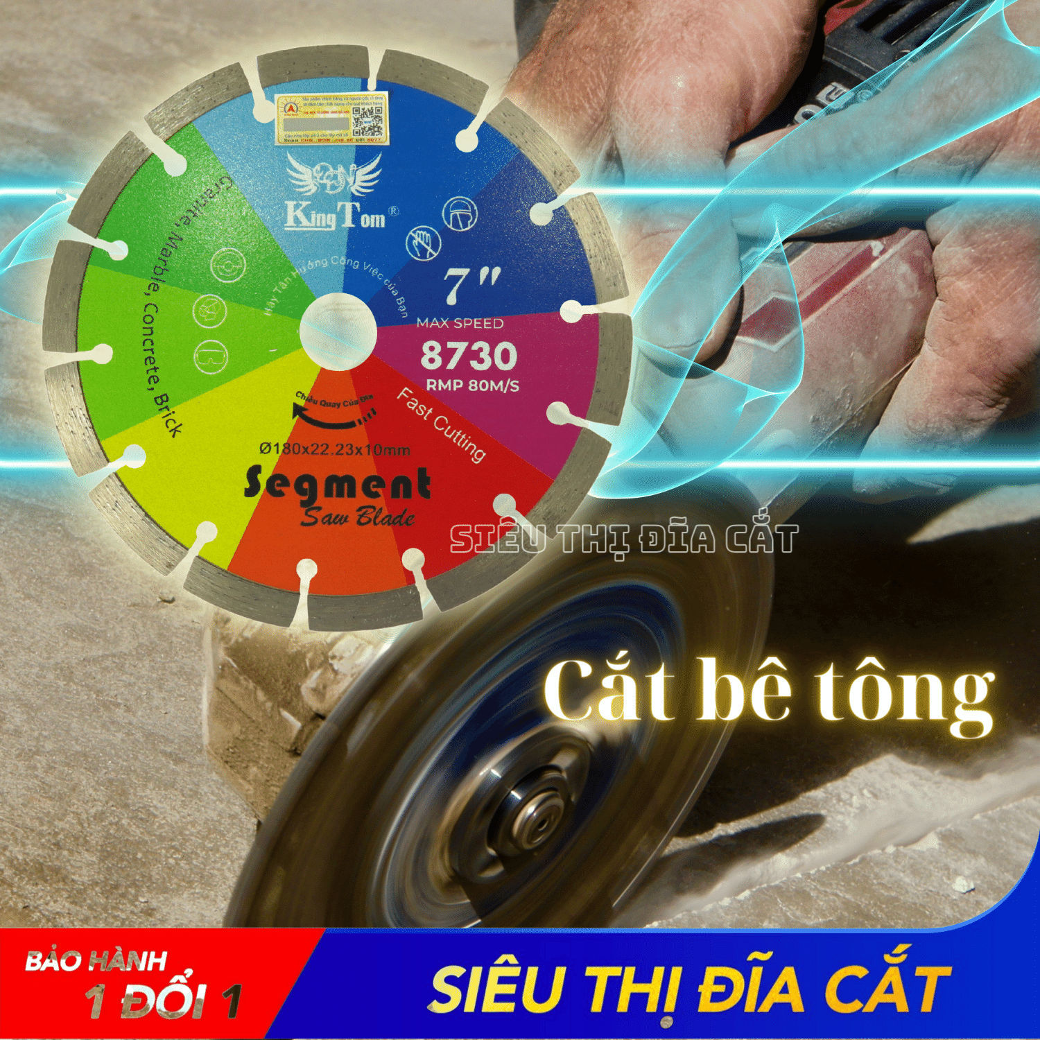 Lưỡi Cắt Gạch 180mm KingTom Sắc Màu Khô - Chuyên Bê Tông, Đá Hoa Cương