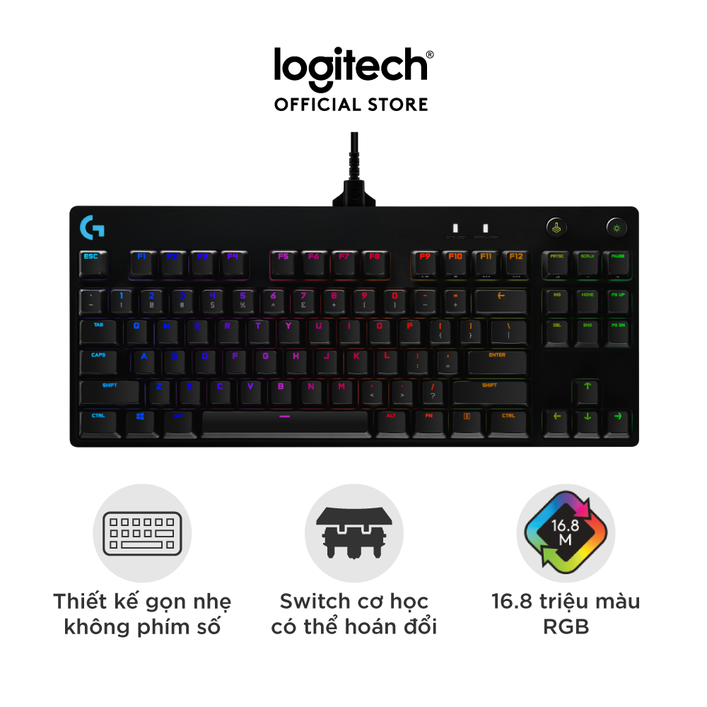 Bàn phím game cơ học Logitech Pro X - Không phím số, nhỏ gọn, switch GX có thể hoán đổi, RGB Lightsync - Hàng chính hãng