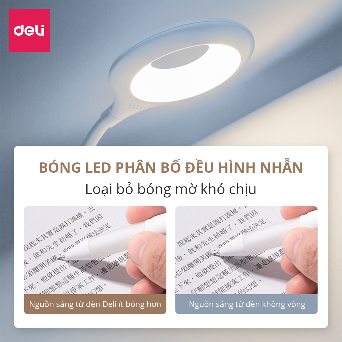 Đèn học để bàn chống cận có ống bút Deli - 3 mức độ ánh sáng - Sắc vàng tự nhiên bảo vệ mắt - Tích điện - Có thể gập gọn - 4326