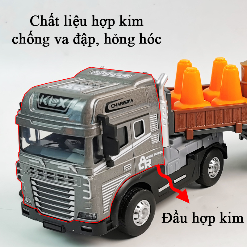 Đồ chơi xe vận tải sơ mi rơ móc kèm nhiều thùng hàng đầu hợp kim có nhạc và đèn dài 38 cm