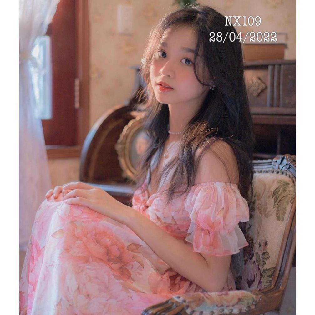 Đầm váy maxi voan lót lụa hoa hồng trễ vai xoè dài Ivy.fashion đi biển dự tiệc dạo phố bigsize gợi cảm sexy