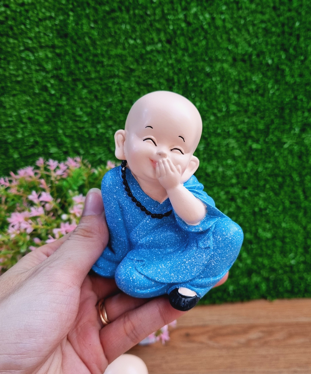 Bộ 03 tượng chú tiểu Tam Không áo xanh dương 10cm - tặng kèm 50 xu vàng mini may mắn
