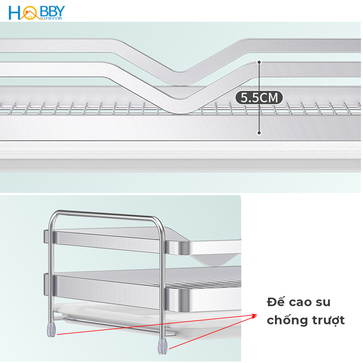 Kệ úp ly chén kèm khay nhựa inox 304 Hobby home decor KUL2 ngang 39cm
