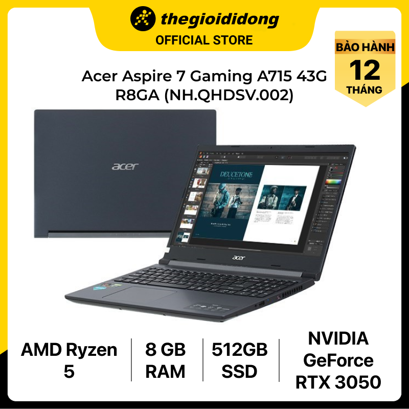 Laptop Acer Aspire 7 A715 43G R8GA R5 5625U/8GB/512GB/4GB RTX3050/15.6&quot;F/144Hz/Win11/(NH.QHDSV.002)/Đen - Hàng chính hãng