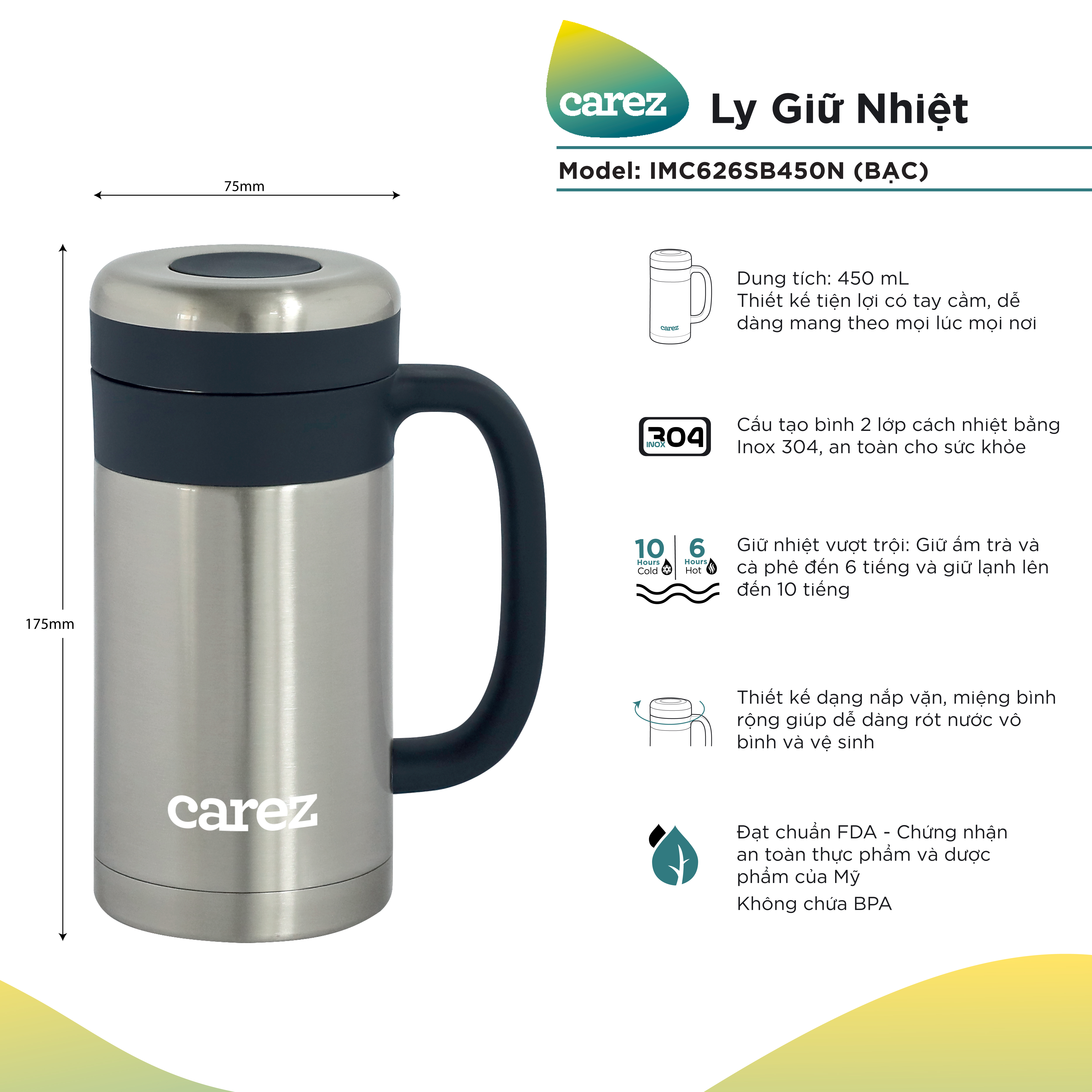Cốc Giữ Nhiệt Carez IMC626SB450N - XÁM - 450ml, Inox 304, Không chứa BPA - Giữ nóng đến 6 tiếng, giữ lạnh đến 10 tiếng - Hàng chính hãng