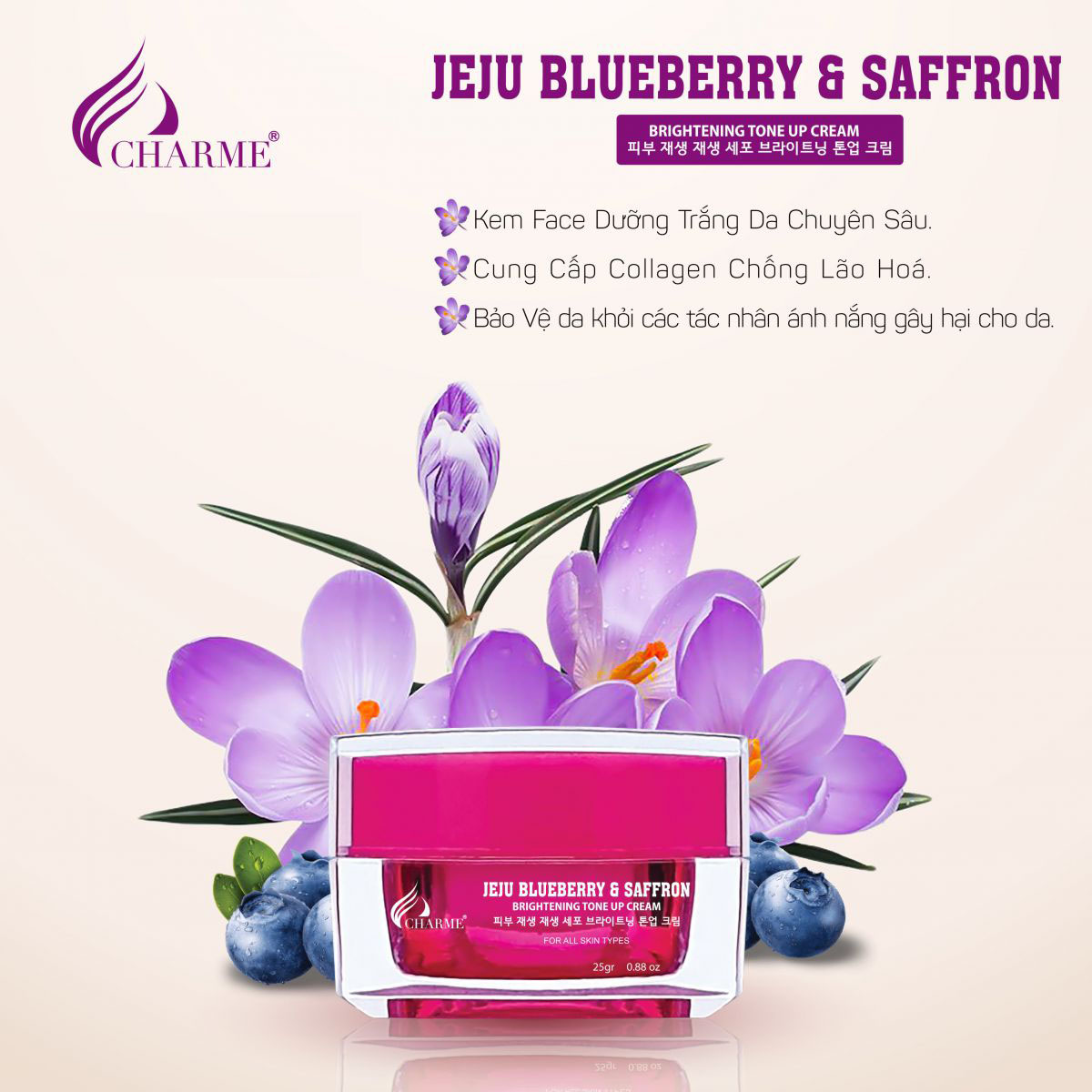 Kem Dưỡng Trắng Da Chống Lão Hóa Charme Jeju Blueberry &amp; Saffron 25g