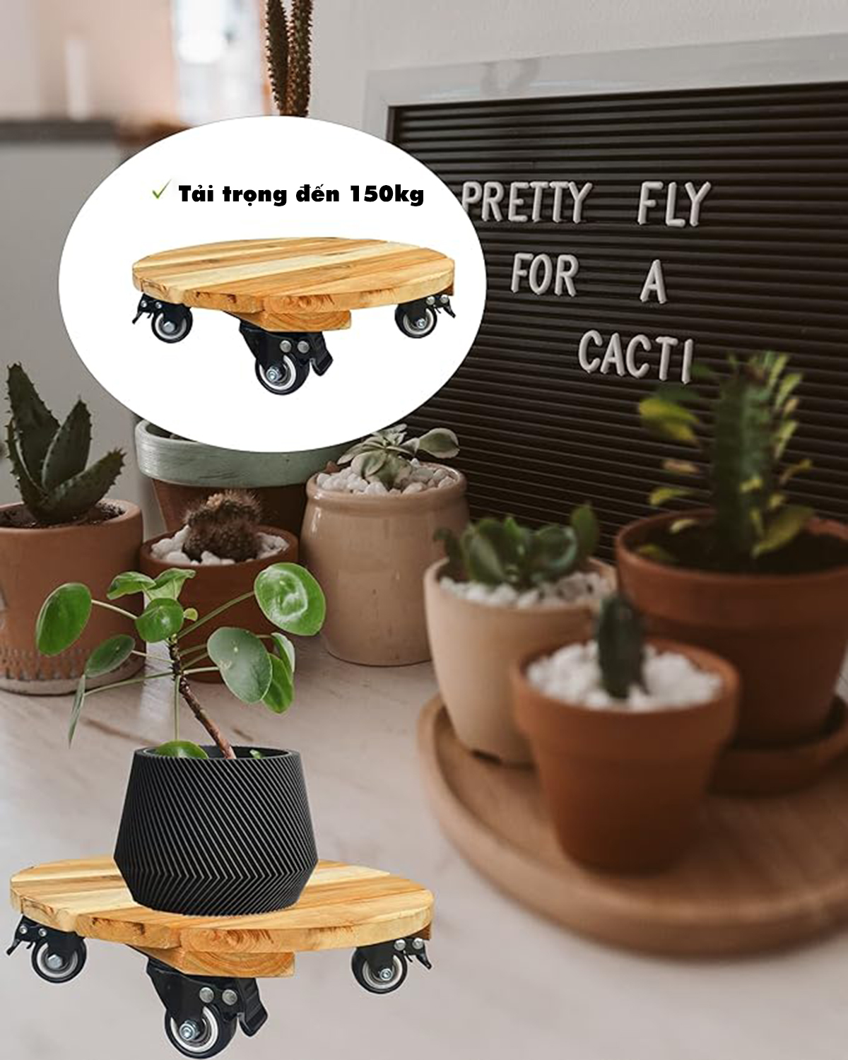 Đế Lót Để Chậu Cây Có Bánh Xe ANKAN 40cm Làm Giá Đỡ Kệ Hoa Cây Cảnh, Màu Vàng Nắng, Chịu Tải 150Kg