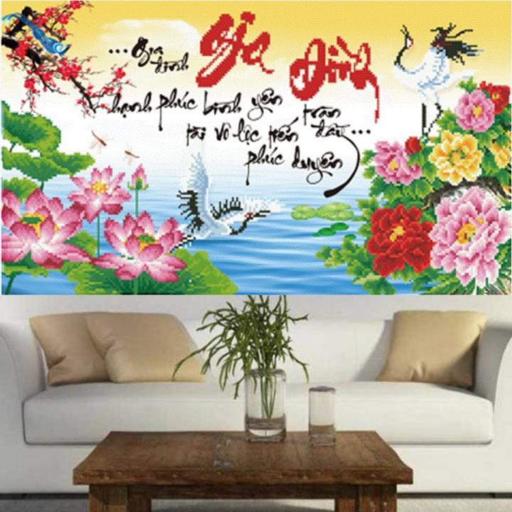 Tranh thêu gia đình hạc hoa sen LV3279 - kích thước: 63 * 37cm.