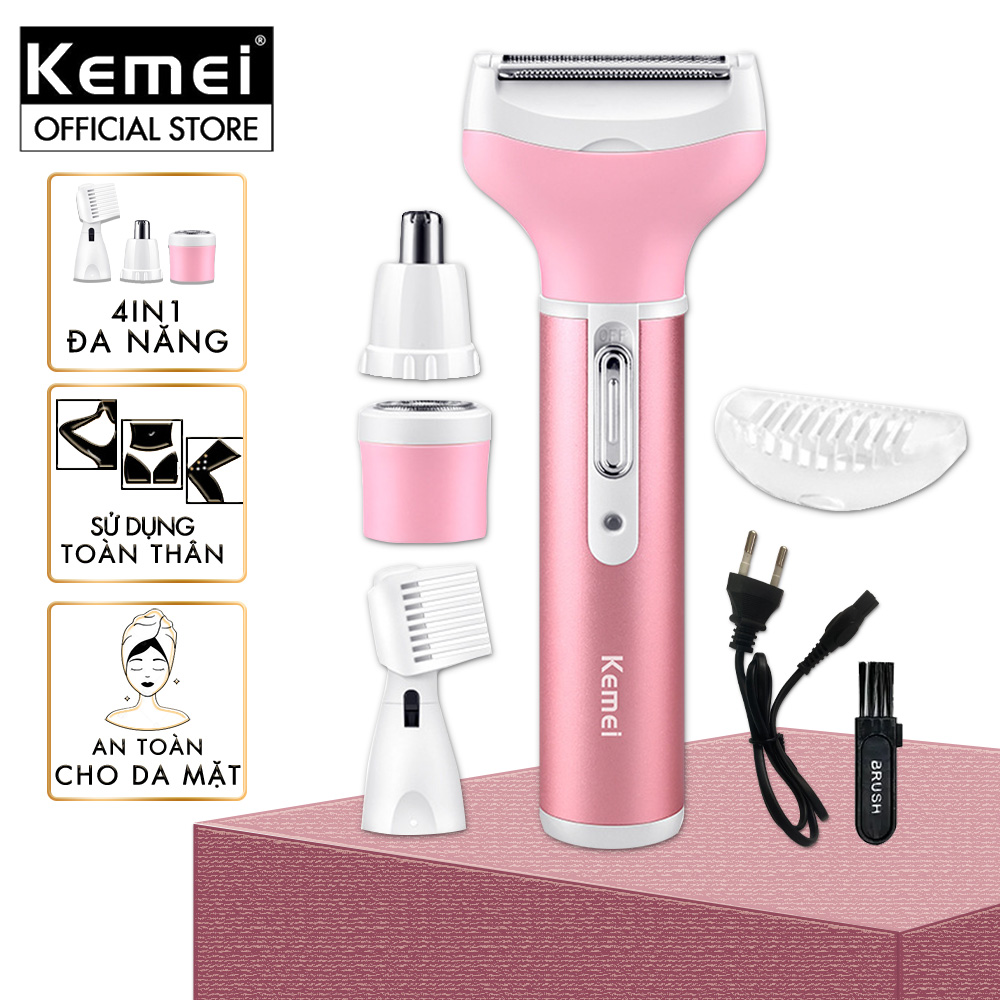 Máy tẩy lông 4in1 đa năng mini Kemei KM-6637 nhiều đầu cạo thay thế chuyên dùng cạo lông toàn thân, tay, chân, bikini sử dụng pin sạc tiện lợi