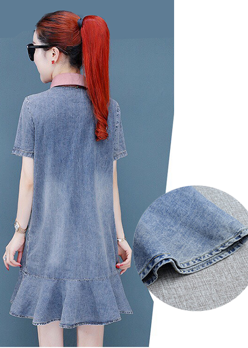 Đầm Jean Nữ Đuôi Cá Cổ Hồng Thêu Chữ Thời Trang
