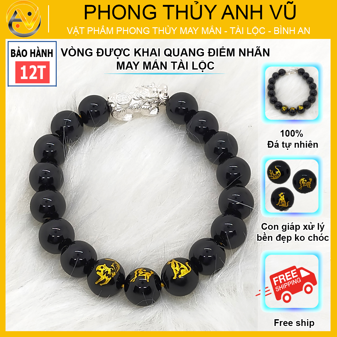 Vòng tay tỳ hưu tam hợp dần ngọ tuất chất liệu mã não đen - size 8 10 12ly cho người mệnh mộc, mệnh thủy - có khai quang điểm nhãn may mắn tài lộc - bảo hành 12 tháng - PHONG THỦY ANH VŨ