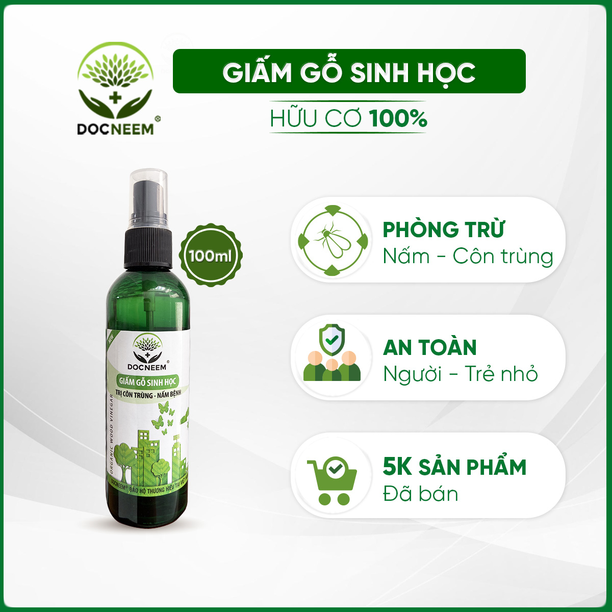 Giấm Gỗ Sinh Học DOCNEEM xua đuổi côn trùng sâu bệnh, trị nấm, bọ trĩ, nhện, rệp, dạng hữu cơ an toàn tuyệt đối, chai dạng phun, dung tích 100ml, chính hãng thương hiệu DOCNEEM