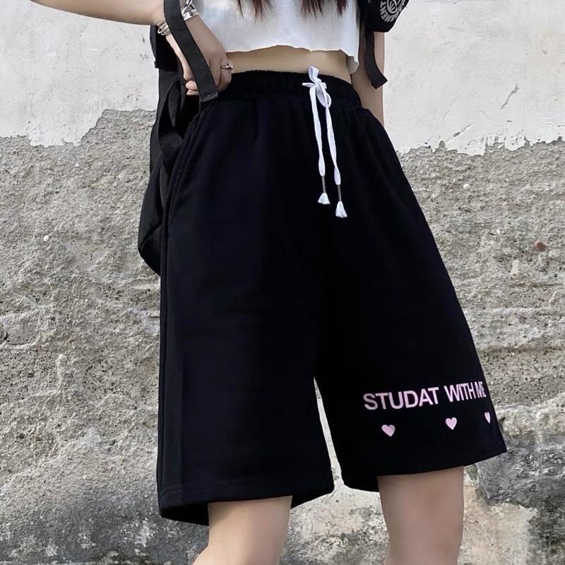 Quần đùi thụng chữ tim hồng quần short ngố lửng ulzzang nam nữ unisex phong cách Hàn Quốc