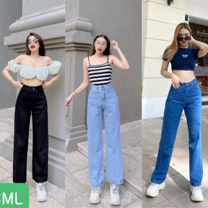 Quần jean nữ quần baggy jean ống suông cạp cao màu trơn dễ phối đồ