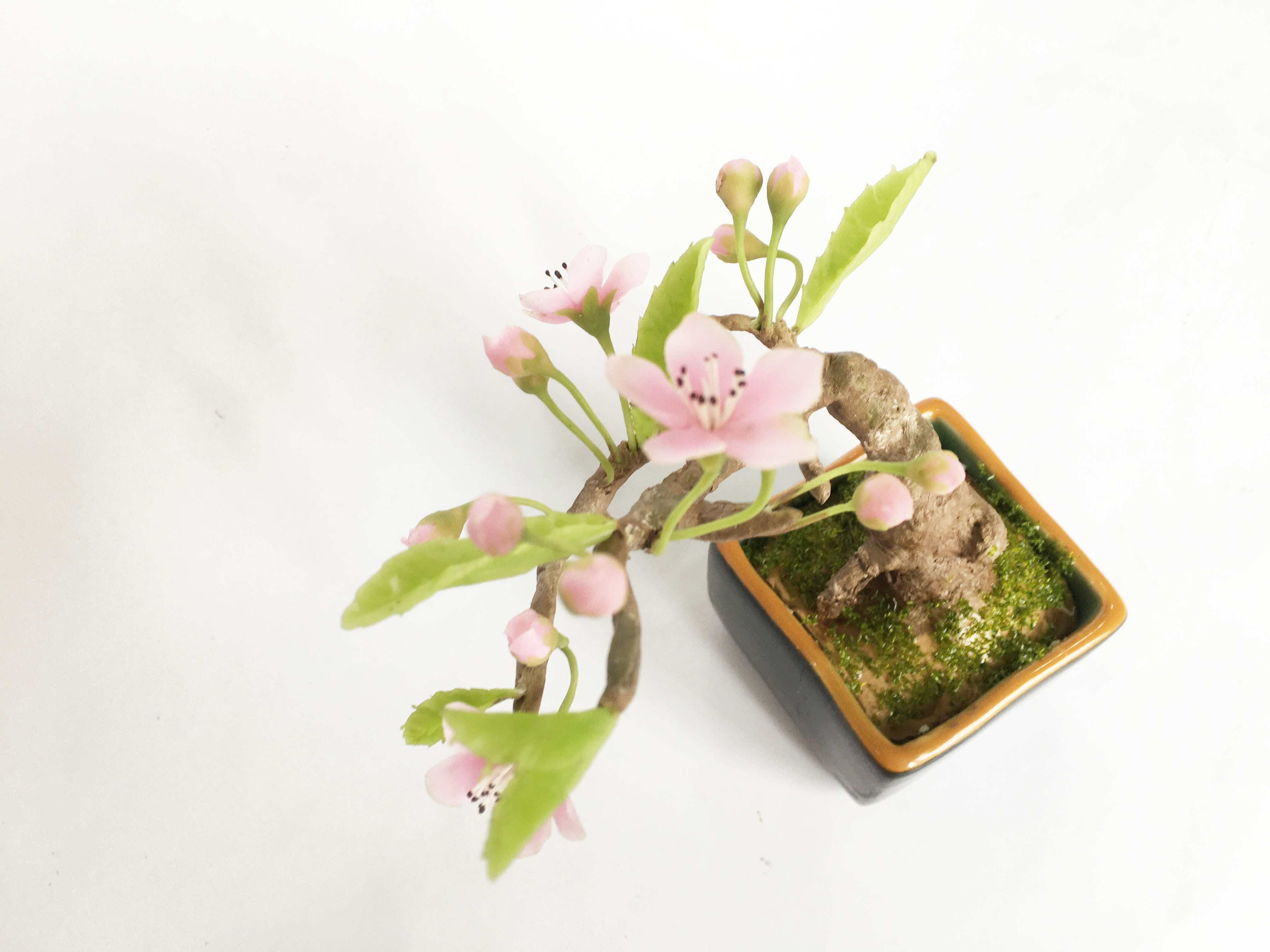 Chậu hoa đất sét mini- Bonsai hoa đào sakura - Quà tặng trang trí handmade (18x10x10cm)