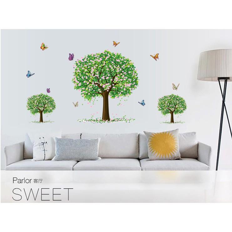 Decal trang trí tường 3 thân cây lớn có Hoa cùng Bướm xinh