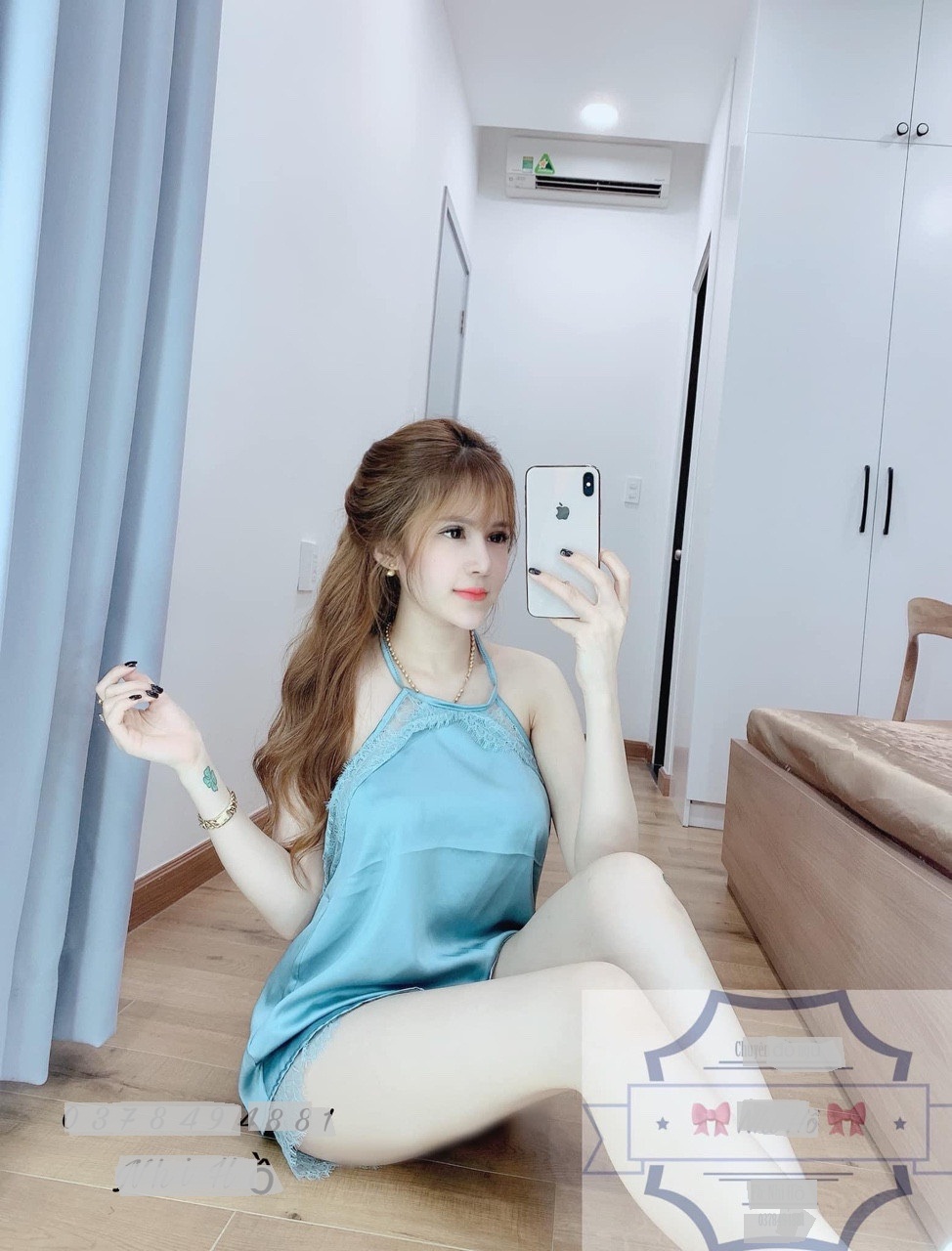 Bộ bộ mặc nhà tiểu thư chất satin phối ren dễ thương+ Ảnh thật