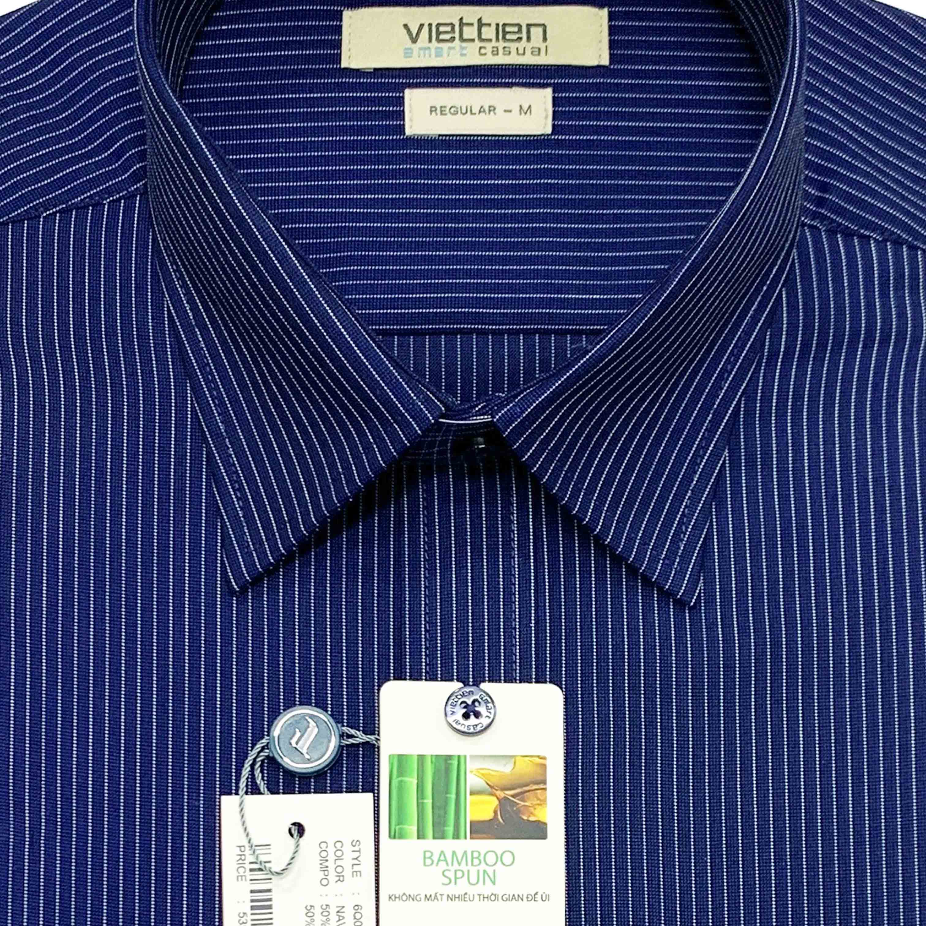 Viettien - Áo sơ mi nam ngắn tay xẻ tà vạt ngang 1Q0168 kẻ sọc regular