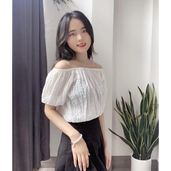Áo sơ mi kiểu trễ vai nữ tay bồng bo chun hàng thiết kế cao cấp