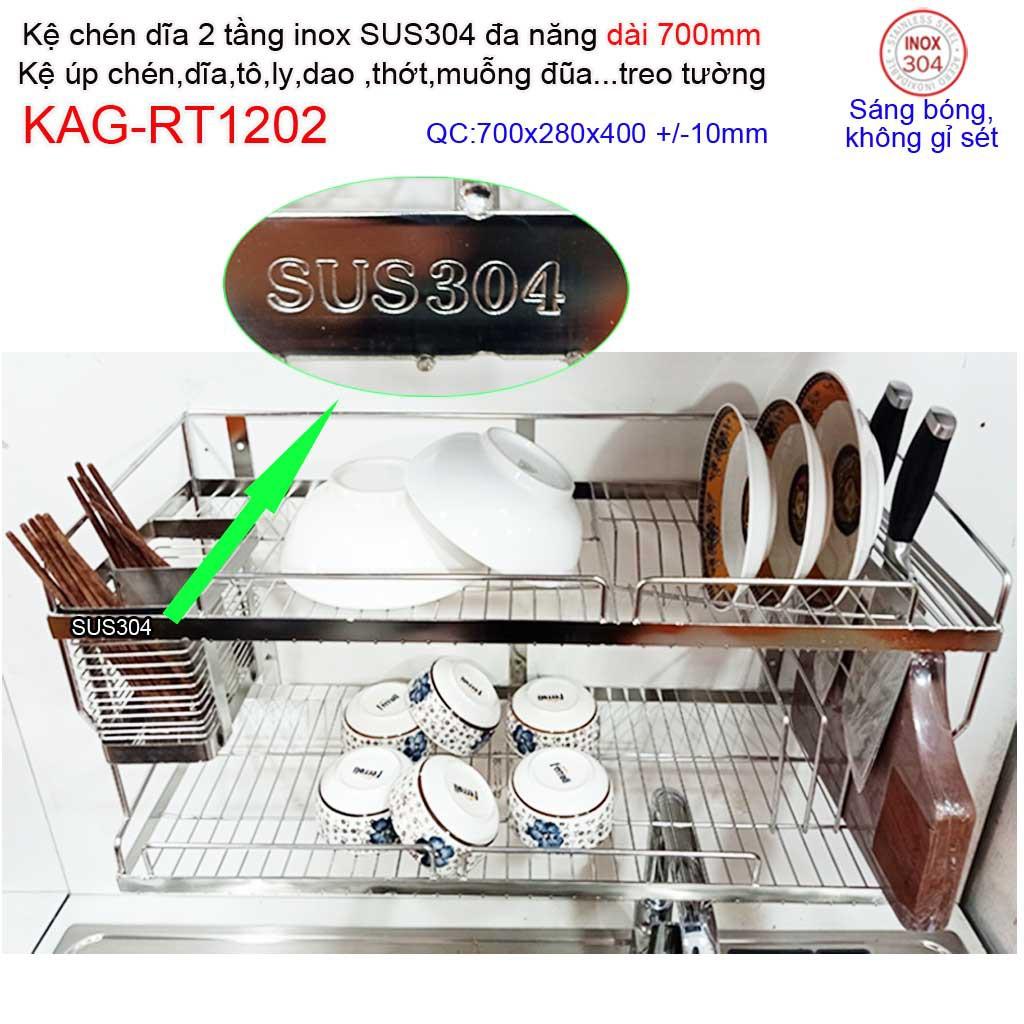 Kệ úp chén dĩa 2 tầng 70cm đa năng inox 304, kệ chén dĩa 2 tầng inox KAG-RT1202